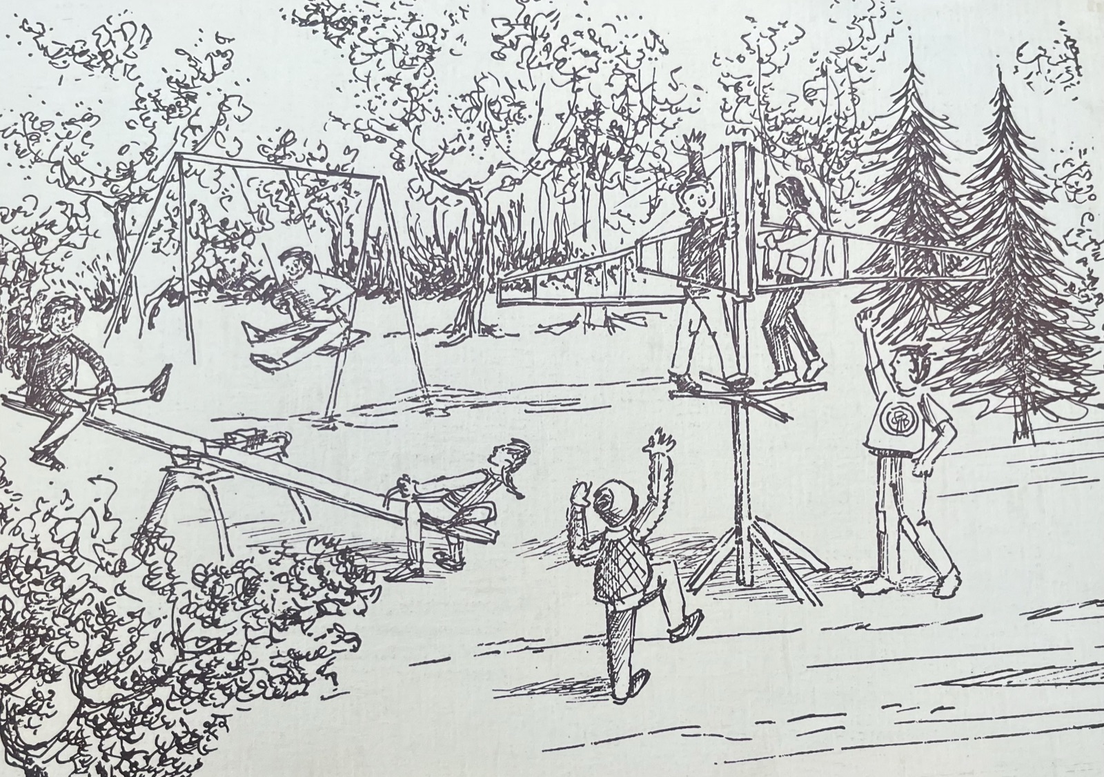 Der Spielplatz im Garten, von Hand gezeichnet